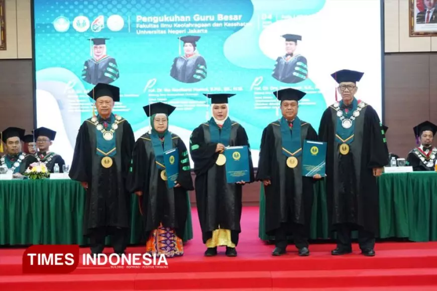 UNJ Kukuhkan Guru Besar Bidang Ilmu Pembelajaran Permainan Modifikasi, Komunikasi Olahraga, dan Pendidikan Luar Kelas dari FIKK